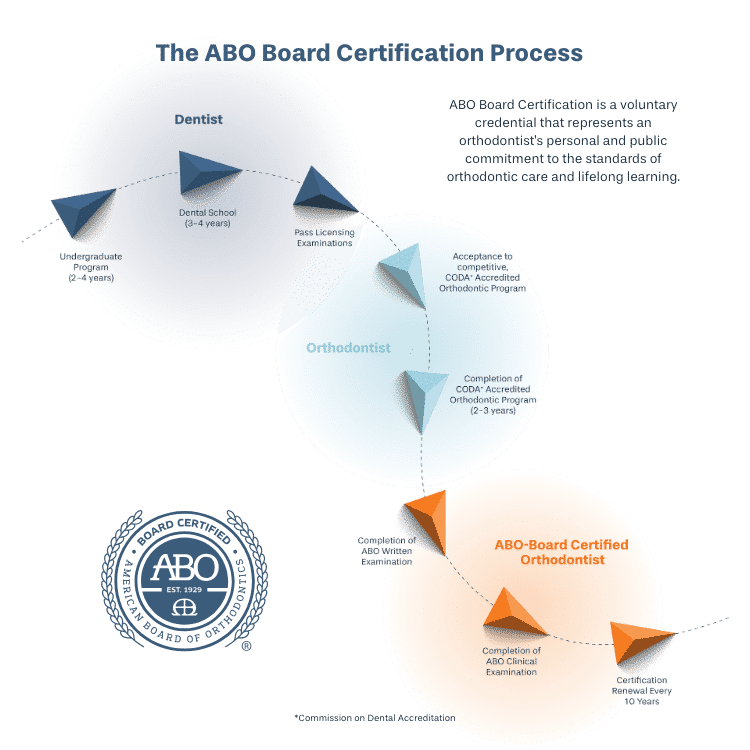 Diagram of the ABO Board Certification Process showing career steps from dental school to board certified orthodontist at Orthodontic Gallery in Riverview, FL